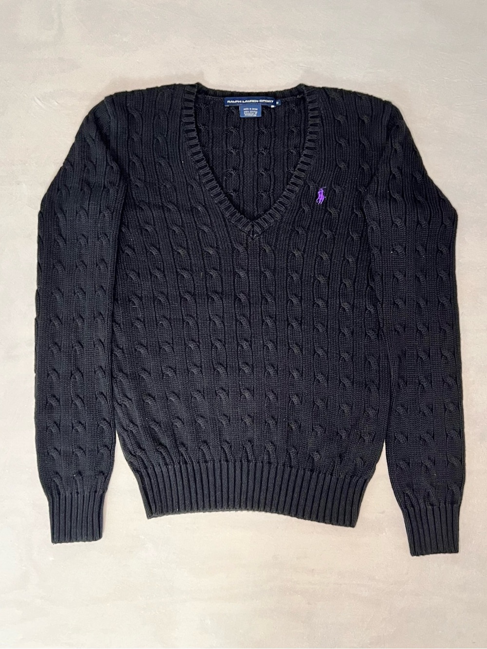 Ralph Lauren Sport Women's Black Cable Knit V-Neck Cotton Pullover Sweater M